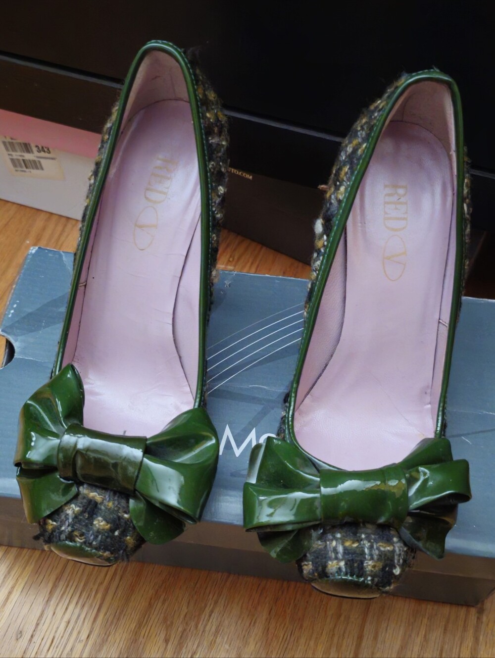 Red V Green Tweed Heels with Bow